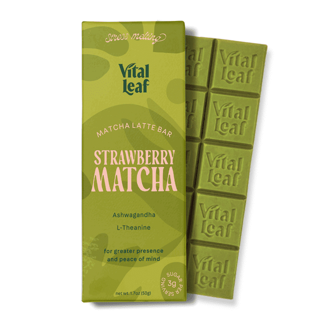 Vital Leaf Strawberry Matcha Latte Chocolate Bar with Green Tea + Ashwagandha + L-Theanine | Less Stress and More Focus
